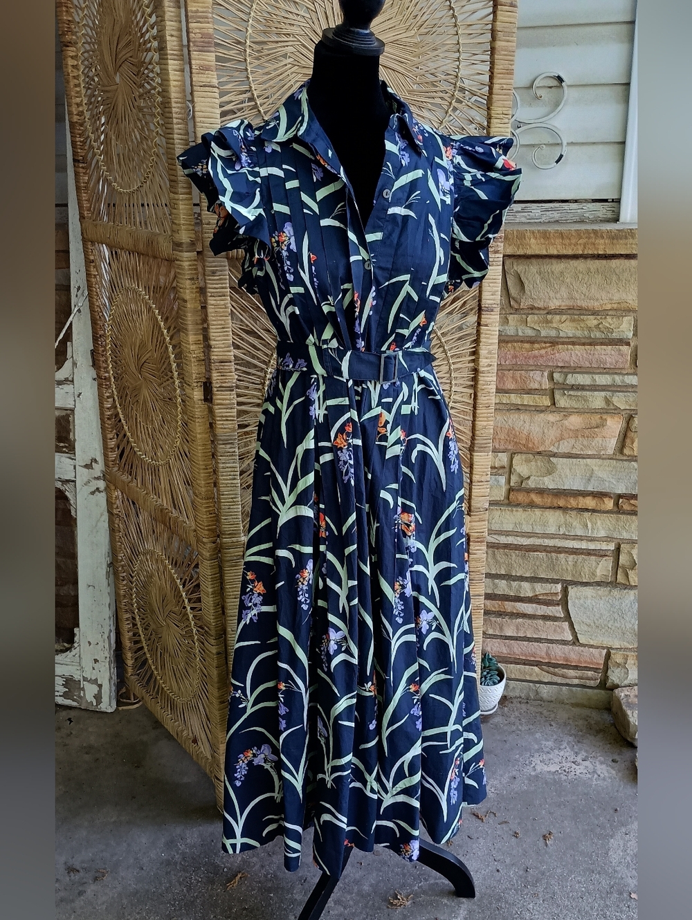Maeve Anthropologie 100% Cotton Navy Floral Belted Maxi Dress_XS - Picture 5 of 11
